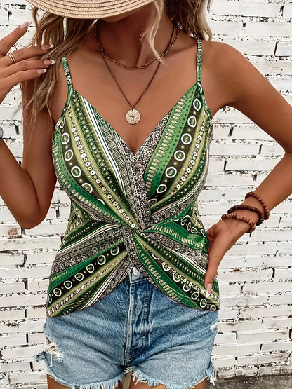 Women's sexy V-neck chain printed front,  twisted back camisole top,  made of polyester fabric with spaghetti pattern.  BROWN in S, M, and L is unavailable. BROWN IS Available in XL and XXL.  PINK is  TOTALLY available.  No o