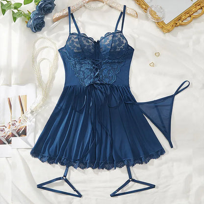 Sexy Bra And Garter Belt Lingerie  in Hot Red.   Babydoll Dress  for Women.  Exquisite 3-Piece Set Nightwear Set