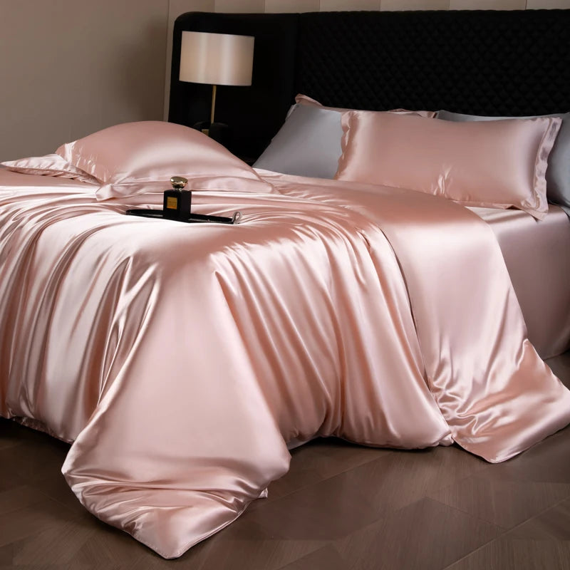 Silk Bed Sheets Set,   Luxury Bedding Set with Duvet Cover,  Fitted/Flat Bedsheet,  Pillowcases, Mixed with Rayon, King /Queen/ Full T/win