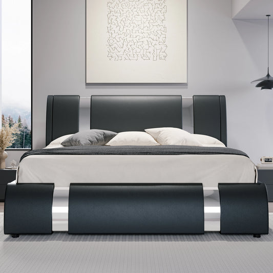 Modern Faux Leather Bed Frame with Iron Pieces  for Decor, Low Profile Platform Bed with Height-Adjustable Headboard