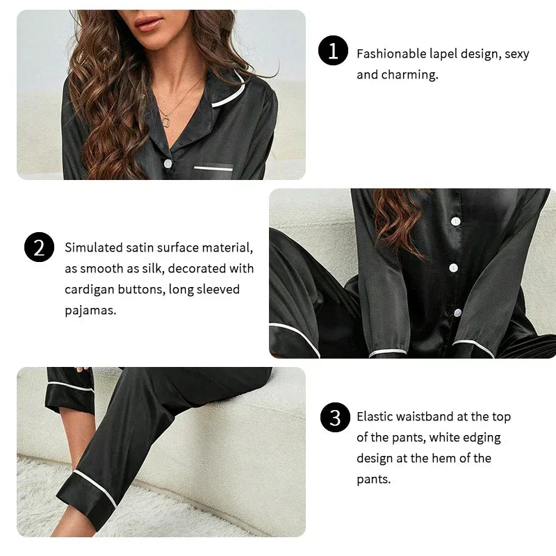 Spring Autumn Silk Pajamas Set for Women.  Casual,  Soft Nightwearwith  Long Shirt Tops and Long Pants Cardigan  Top