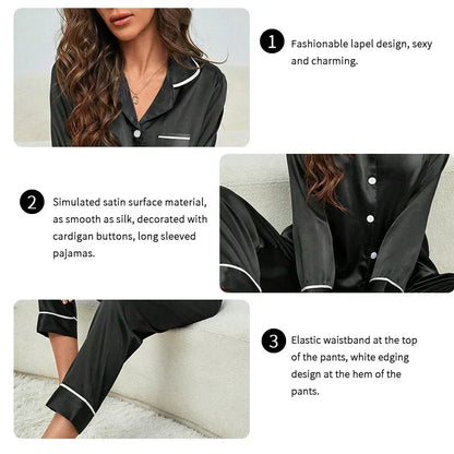 Spring Autumn Silk Pajamas Set for Women.  Casual,  Soft Nightwearwith  Long Shirt Tops and Long Pants Cardigan  Top