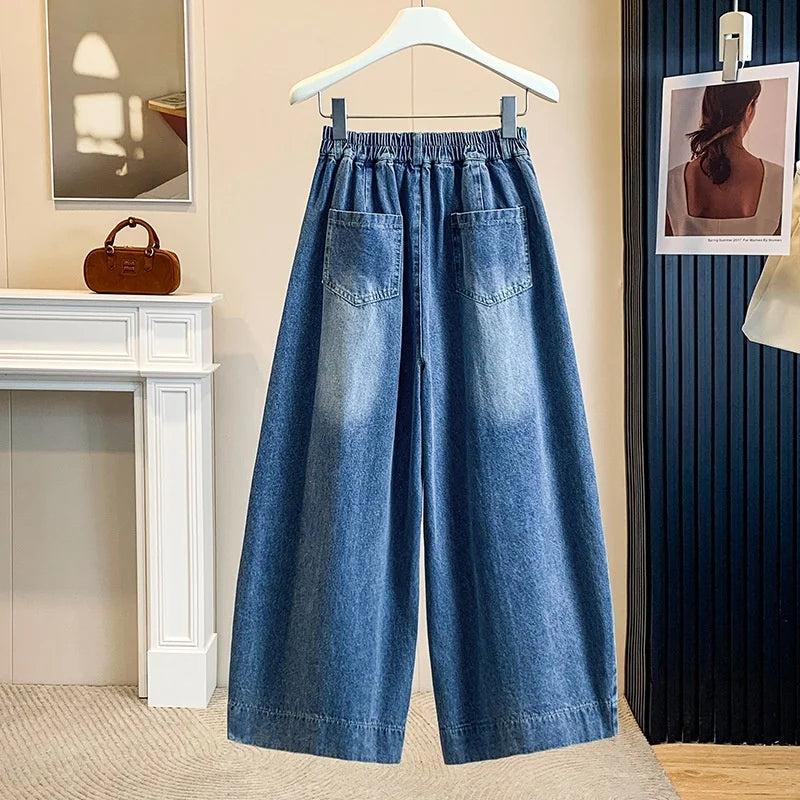Loose American Style of Denim,  Seven-Five Point Pants,  Womens Summer 2026 Light Blue Small Size Straight Leg,  Slimming Casual Eight-Point  Pant.