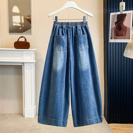 Loose American Style of Denim,  Seven-Five Point Pants,  Womens Summer 2026 Light Blue Small Size Straight Leg,  Slimming Casual Eight-Point  Pant.