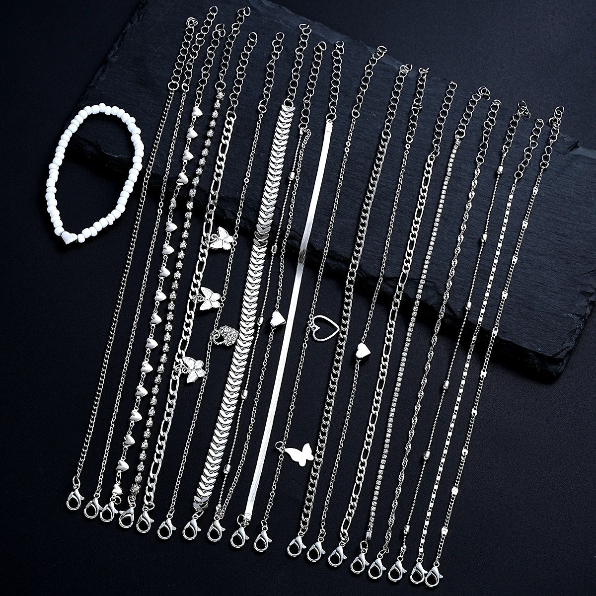 19Pcs/Set New Design Silver Color Anklet Sets for Women Fashion Pearl Butterfly Heart Crystal Foot Chain Versatile Daily Jewelry.  This set is a wonderful gift or a wonderful BUY TO WEAR AND SHARE WITH FRIENDS