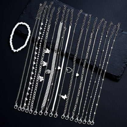 19Pcs/Set New Design Silver Color Anklet Sets for Women Fashion Pearl Butterfly Heart Crystal Foot Chain Versatile Daily Jewelry.  This set is a wonderful gift or a wonderful BUY TO WEAR AND SHARE WITH FRIENDS