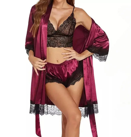 Women's Sexy Satin and Lace Lingerie Set with Robe, Bralette, Shorts & Panty