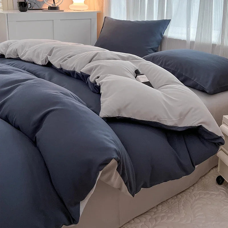 2-side Solid Color Brush Fabric Bed Set 4 Pieces Duvet Cover, 2  Pillowcase and Bedding Set.  Bed Sheet,  Quilt Cover, sizes Single,  Queen and King