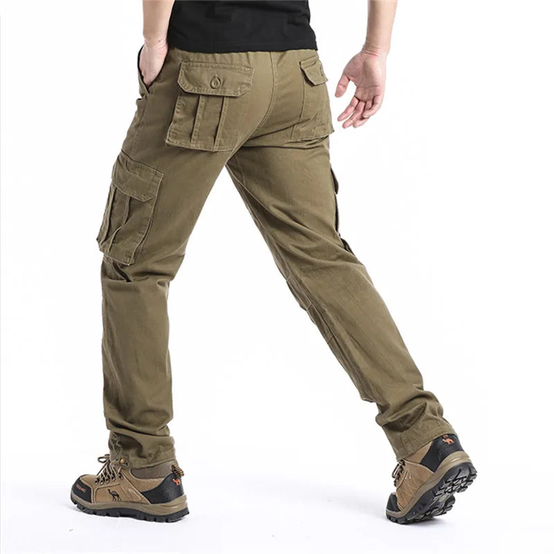 Large Pocket Loose Overalls, Men's Outdoor Sports Jogging Tactical Pants,  Elastic Waist,  Pure Cotton,  Casual Work Pants