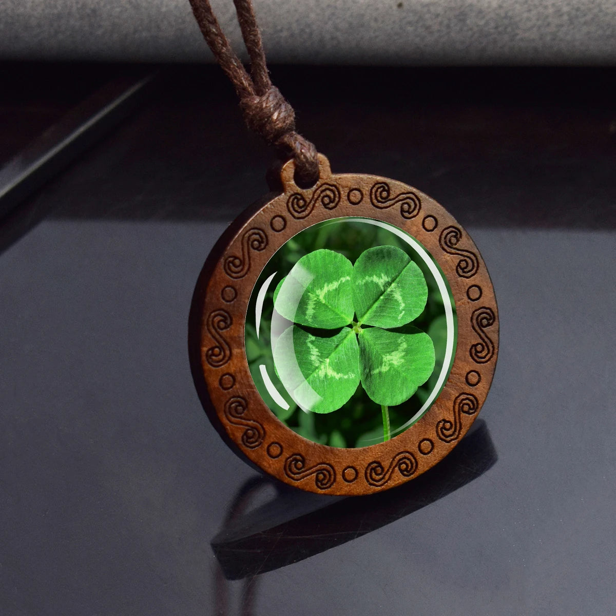 Four Leaf Clover Glass Dome Wooden Pendant Necklace,  Rope Chain,  Retro Jewelry,  St.Patrick's Day Gift