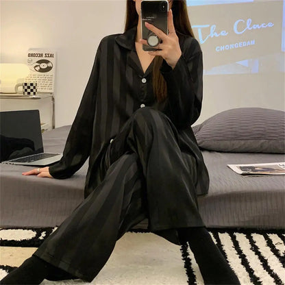 Women's Summer Striped Pajama Set.  Long Sleeve Top,  Trousers Silk /Satin  Look.  Loose Casual Sleepwear Female Nightwear