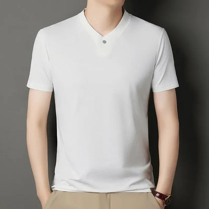 2026 Men's Casual and Fashionable One Button V-neck,  Solid Colors to choose from,  Short Sleeved T-shirt for Summer.