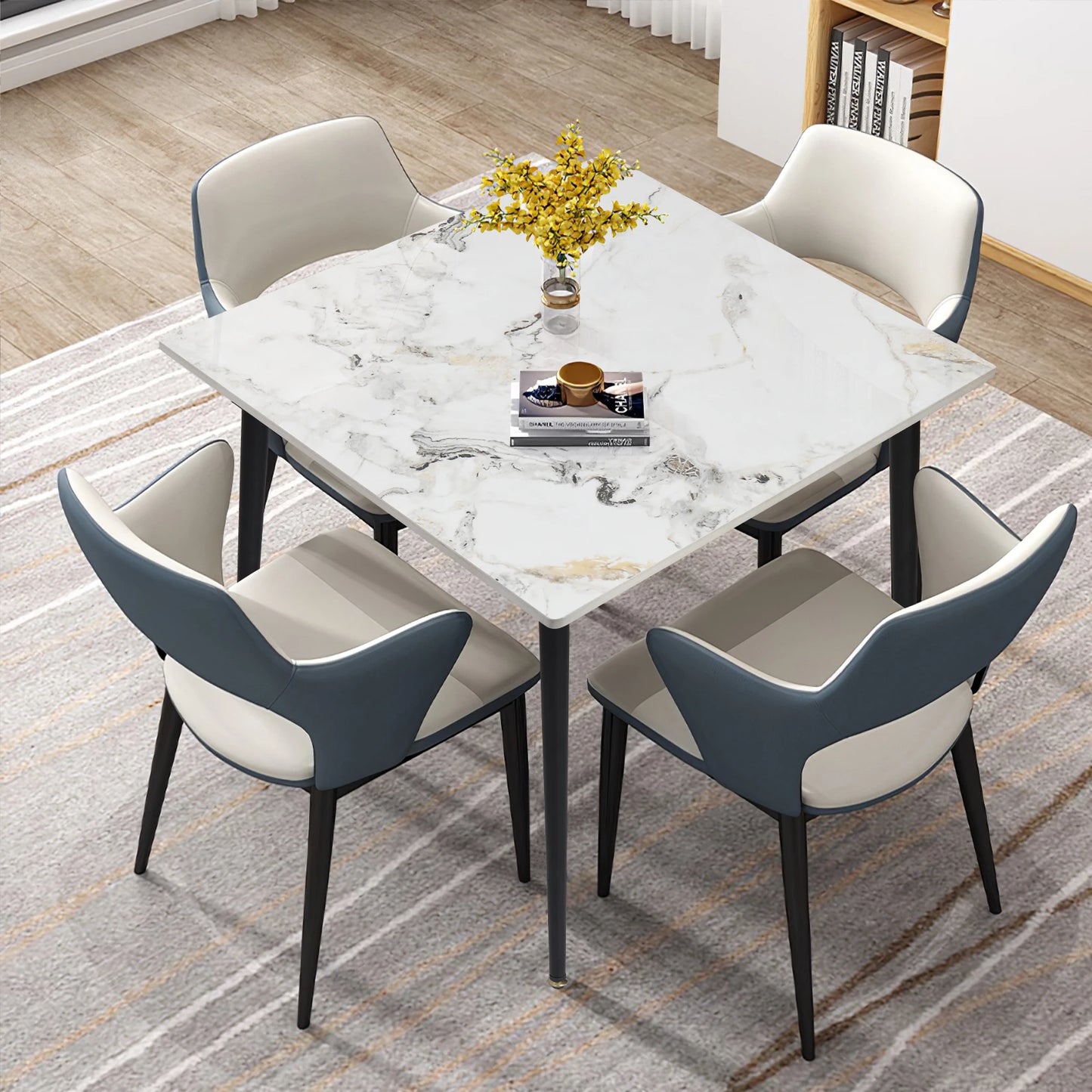 Mid-Century Slate Kitchen Dining Table with Sintered Stone Top and Metal Legs, Kitchen,  Dining Room