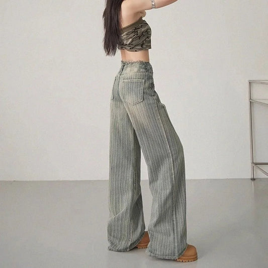 High Waist,  Straight Leg,  Loose Fit Women's Jeans.   Striped Color Design,  Vintage American Style,  Floor Length for Spring /Autumn,Wide Leg