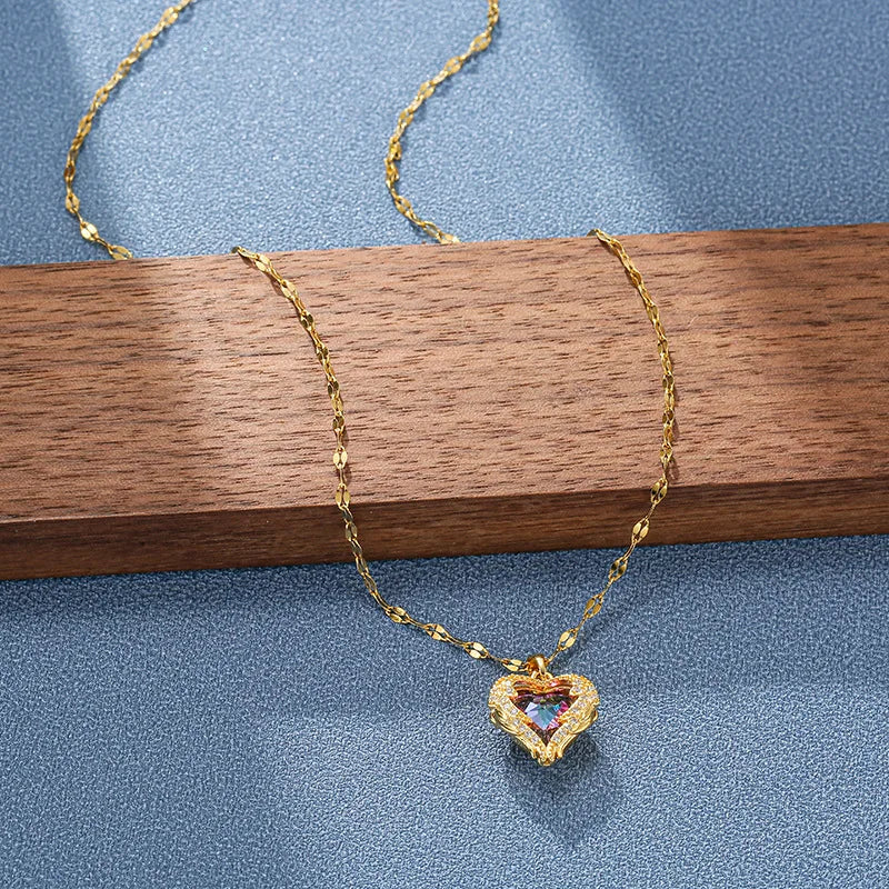 Top Luxury Colorful Crystal Ocean Heart Pendant Necklace For Women Stainless Steel Jewelry The Perfect MOTHERS DAT Gift
