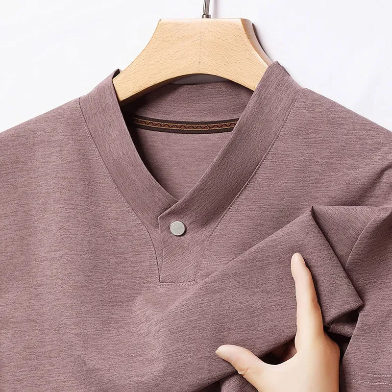 2026 Men's Casual and Fashionable One Button V-neck,  Solid Colors to choose from,  Short Sleeved T-shirt for Summer.