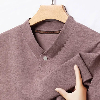 2026 Men's Casual and Fashionable One Button V-neck,  Solid Colors to choose from,  Short Sleeved T-shirt for Summer.