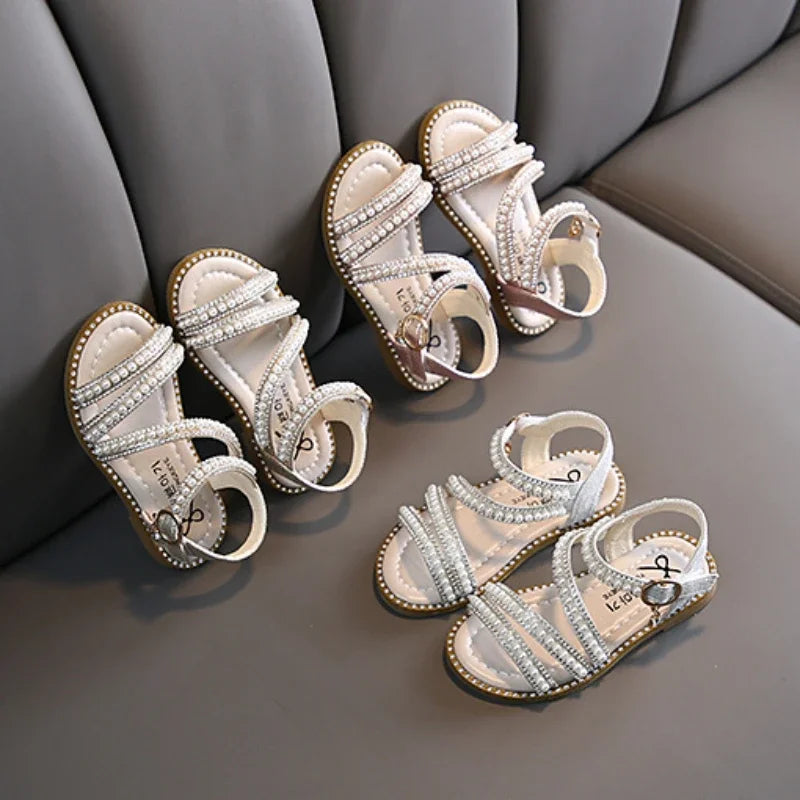 Childrens  Sandals, Flat Shoes for  Kids with Pearls.  Open-toe Non-slip Princess Sandals