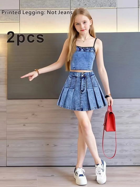 Girls 2-Piece "Faux"  Denim Outfit – Denim Print Cami Crop Top & Pleated Mini Skirt Set (Non-Denim Fabric)