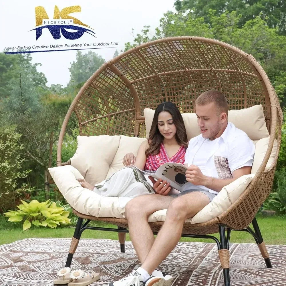 Lounge Chair/Double Egg Chair,  Indoor /Outdoor Stationary, Thickened, Padded Cushions,680 lbs，for Patio Balcony Porch Backyard Beige