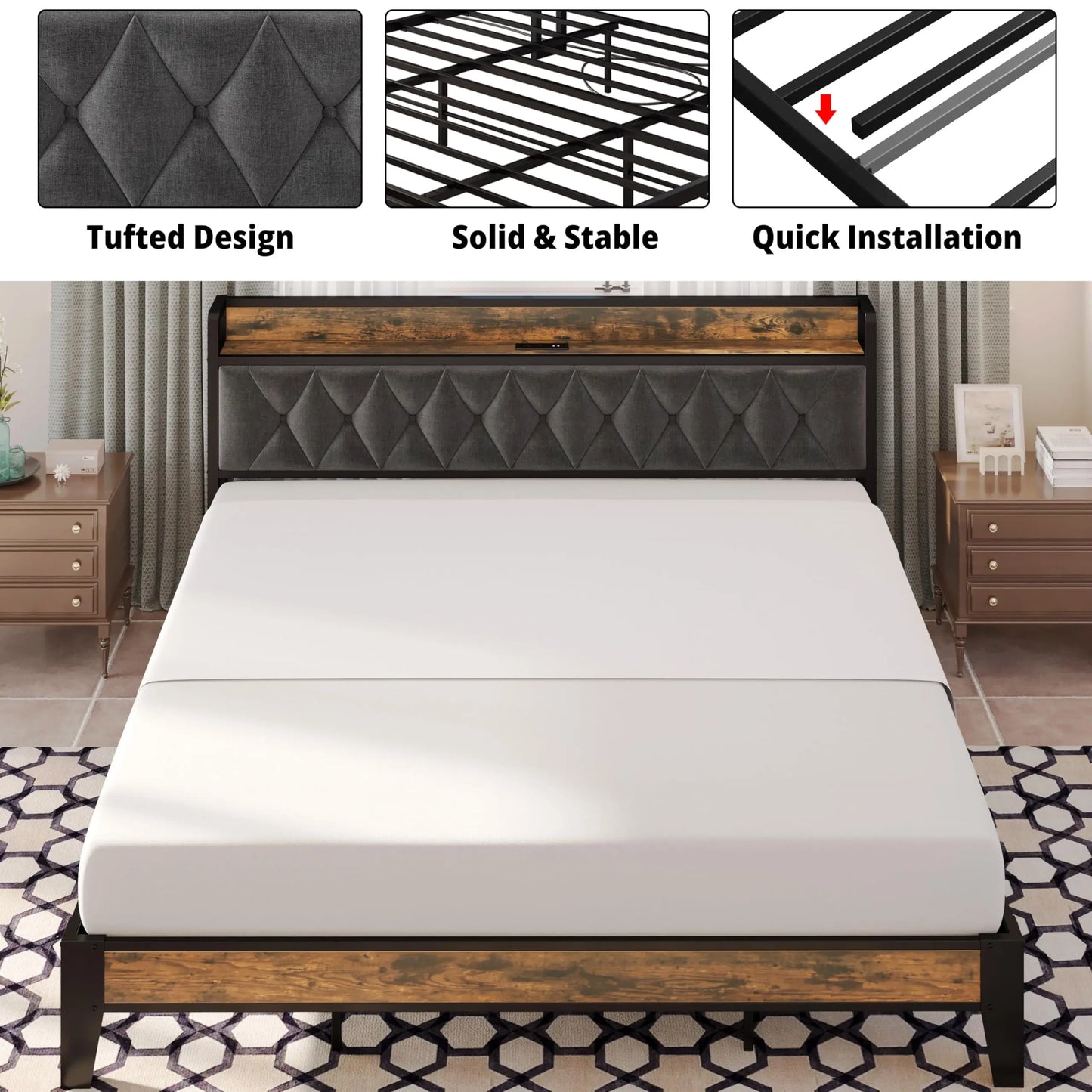 Twin/TwinXL/Full/Queen/King/California King Bed Frames, Storage Headboard with Outlets, No Noise, No Box Springs Needed
