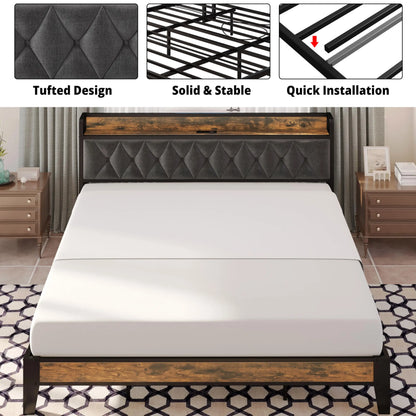 Twin/TwinXL/Full/Queen/King/California King Bed Frames, Storage Headboard with Outlets, No Noise, No Box Springs Needed