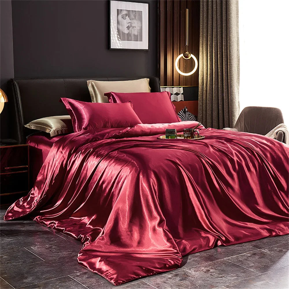 Solid Silk Bedding Set with Duvet Cover, Bed Sheet, 2 Pillowcases Luxury Satin Single Double Bedsheet King Queen Twin Size
