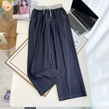 Spring Summer Wide Leg Jeans.  100kg  Temperament Color,  Waist Thin,  Lyocell Plus Size Women, Bright Line,  Straight Trousers