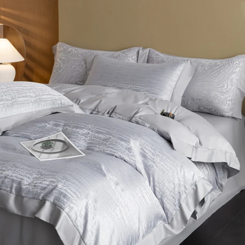 European Luxury Jacquard Ice Silk Duvet Cover Set,  Fashion Bow Pattern Queen King Bedding Set Skin Friendly Comforter Cover Set