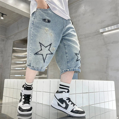 Boys Denim Shorts,  Summer,  Loose-Fit Pants,  Wide-leg Knee-Length Jeans  Lightweight Clothing