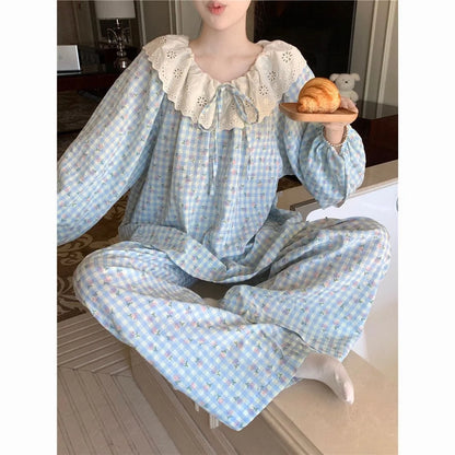 Sweet Large Collar Lace Trim Pajamas for Women with Plaid Long Sleeves and Long Pants Student Home Wear Large Size 2 Piece Set