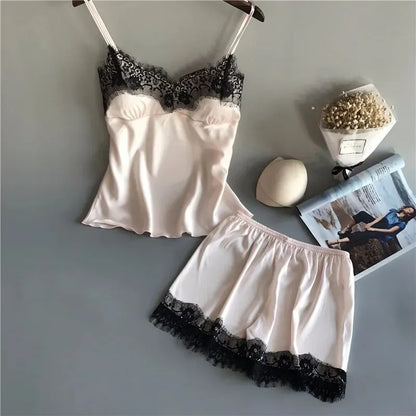 Women Pajama V-Neck Lace, Sexy Lingerie and Sleep Shorts Set
