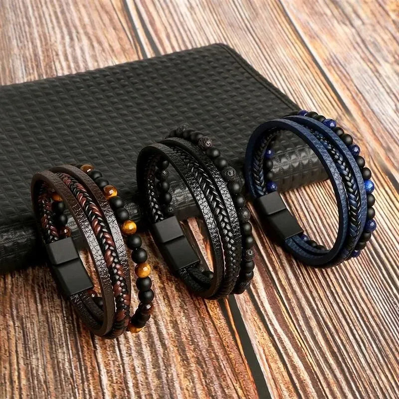 Men Leather Bracelet, Classic Fashion Tiger Eye Beaded Multi Layer Leather Bracelet For Men Jewelry Gift