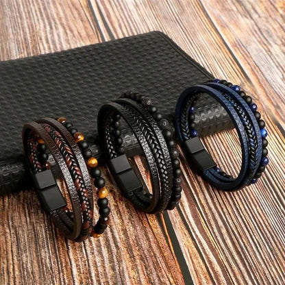 Men Leather Bracelet, Classic Fashion Tiger Eye Beaded Multi Layer Leather Bracelet For Men Jewelry Gift