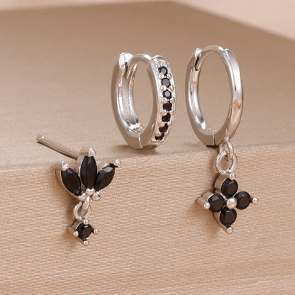 3PCS Fashion Orange Blue Zircon Hanging Earrings Set for Women Stainless Steel Flower Dangle Earring Piercing Jewelry