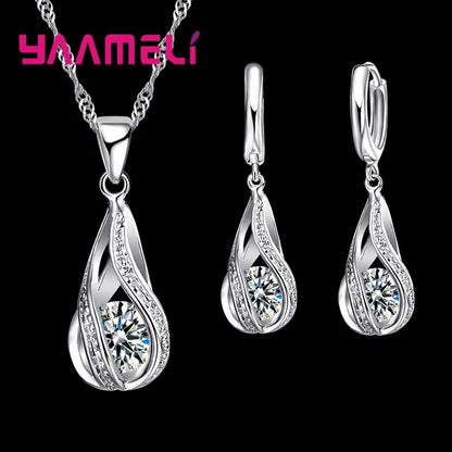 Hot Water Drop CZ 925 Sterling Silver Plated Jewelry Set For Women.  Pendant Necklace,  Hoop Earrings, Wedding gifts, MOTHERS DAY Gifts