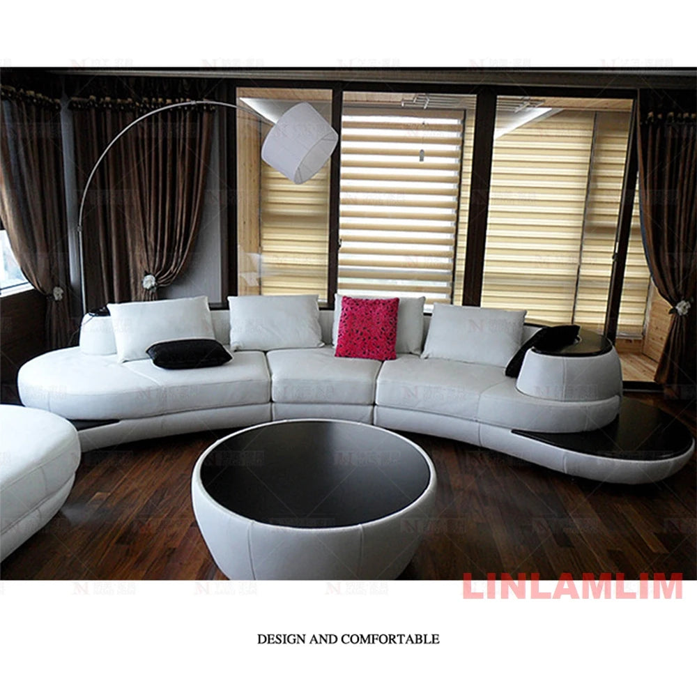 Luxury Modern Curved Genuine Leather Sofa Sectional Couch.   White and Black Design Living Room,  Contemporary Home Decoration