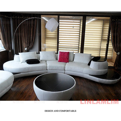 Luxury Modern Curved Genuine Leather Sofa Sectional Couch.   White and Black Design Living Room,  Contemporary Home Decoration