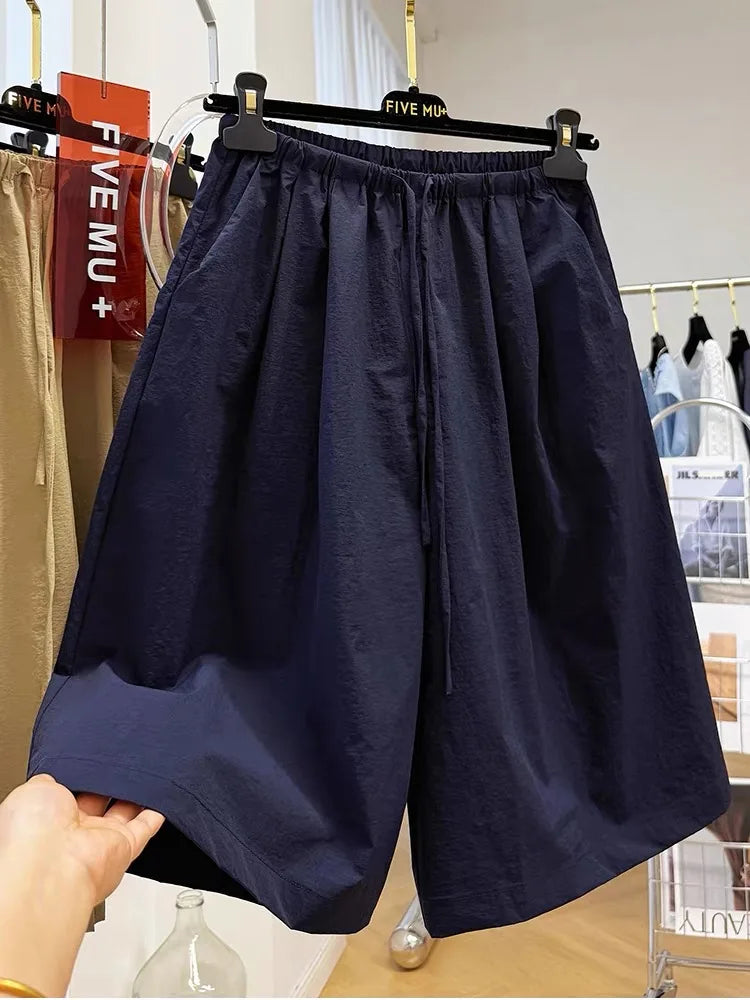 Quick Dry Thin Wide Leg Pants, Women's Elastic Waist Five-Point Shorts, Casual Straight Leg Acetate Fiber  for Summer