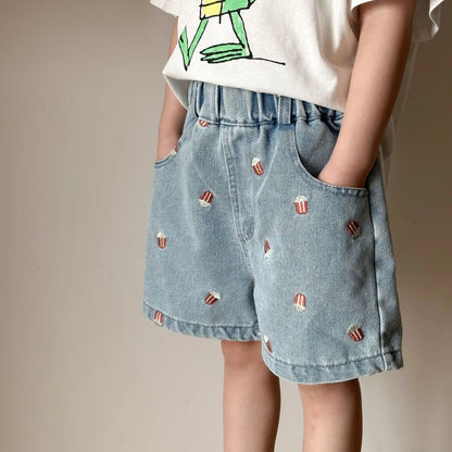 Kids Denim Shorts for 80-150cm Boys  or  Girls. Popcorn Embroidery  with Elastic Waist, Casual Knee Length Teen Children Pants