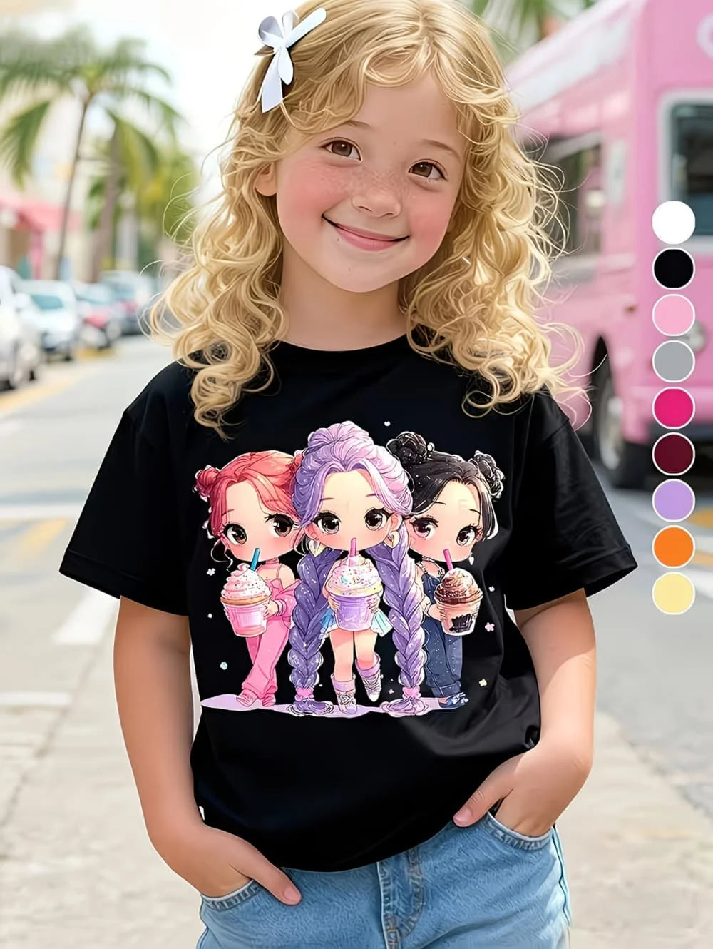 Summer, Kpop Popular Cartoon Print,  Children's Design,  Casual Style,  Round Neck,  Short Sleeved Top,  Kids Clothes