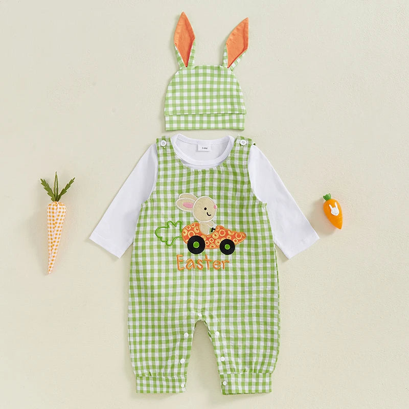 My First Easter Baby Boy Outfit,  Bunny Embroidery Farm Romper with  Plaid Overall,   Bunny  Earson  Hat.  Newborn Baby Easter Clothes