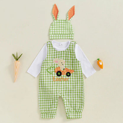 My First Easter Baby Boy Outfit,  Bunny Embroidery Farm Romper with  Plaid Overall,   Bunny  Earson  Hat.  Newborn Baby Easter Clothes