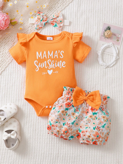 0-2  for Newborn Baby Girl.   Summer Cotton, Short Sleeved including Headband, Top With Letters  Printed, Shorts and  Bow, Three Piece Set