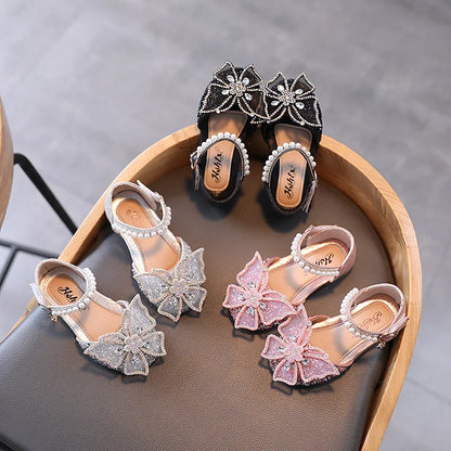 Girls  Dressy Sandals with  Sequins,  Rhinestones, Bows.   Girls Princess Shoes, Baby Girl Shoes with Flat Heel Sandals Size 21-35