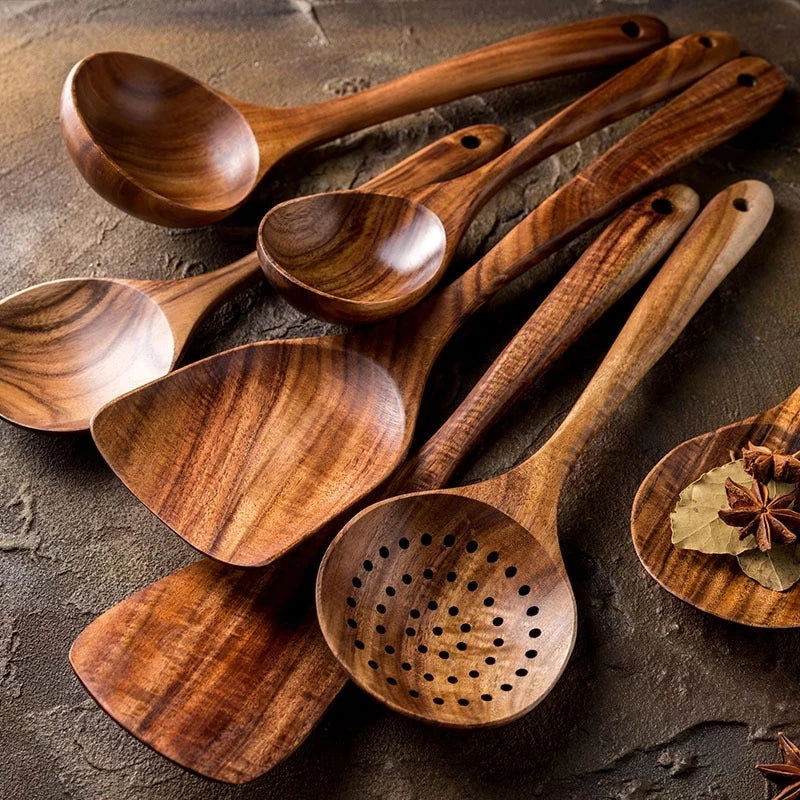 1-10 PC Wooden Cooking Spoons,  Smooth Teak Wooden Utensils,  Non-Stick Wooden Cooking Utensils –