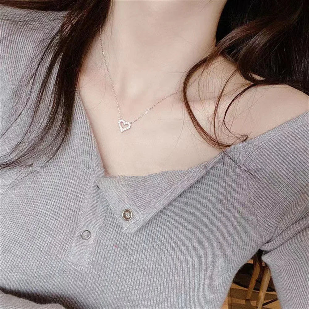 Crystal,  Hollow Heart for Love.   Pendant Necklace, Romantic,  Zircon, Simple Necklace For Women.Trendy Jewelry Accessories