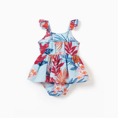 Matching Family Tropical Floral Jumpsuits Sleeveless Wide-Leg Romper Summer Vacation Beachwear for Mommy and Me