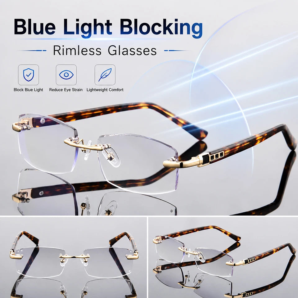 Luxury Designer Reading Glasses.  Rimless Diamond Cutting Frame for  Men  and Women.  Presbyopia, Anti-blue Light, RECTANGULAR Shaped Reading Glasses.  Great Choices on these.