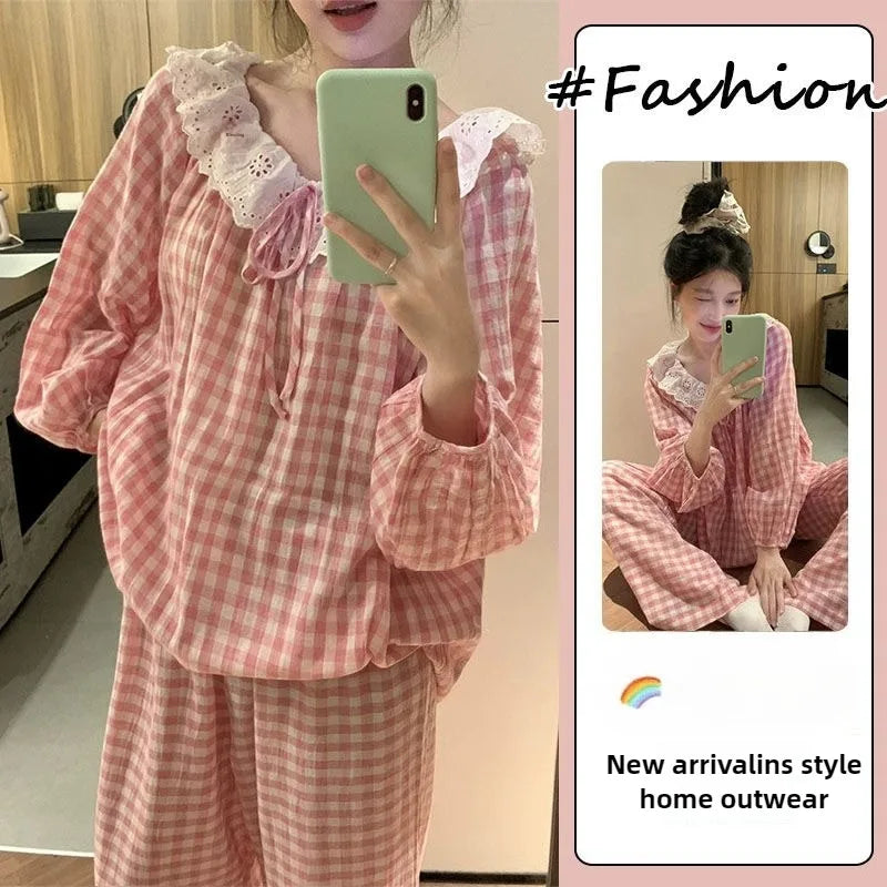 Sweet Large Collar Lace Trim Pajamas for Women with Plaid Long Sleeves and Long Pants Student Home Wear Large Size 2 Piece Set